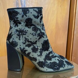 Black Beaded Sequin Lace Embellished Heeled Boots Inner Zip Whimsigoth Romantic